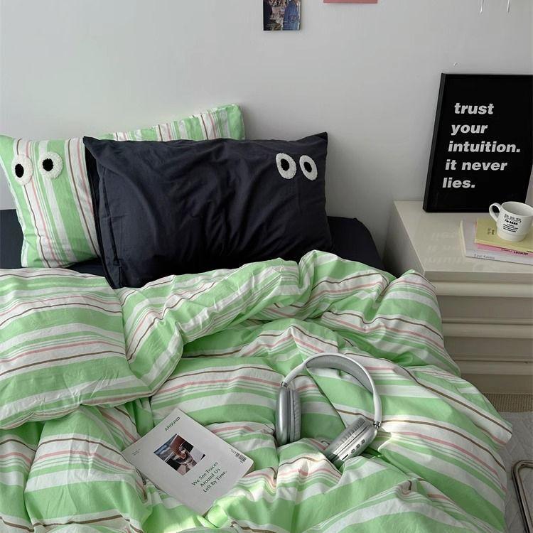 Ins  Big Eyes Cowboy Blue Solid Color Beding Set  Duvet Cover Bed Sheet Simple Dormitory Queen King Size