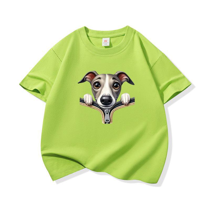 Kids Cotton T Shirt Adorable Whippet Dog Zipper Print Crew Neck Short Sleeve Tee Casual Breathable Boys Girls Summer Tops