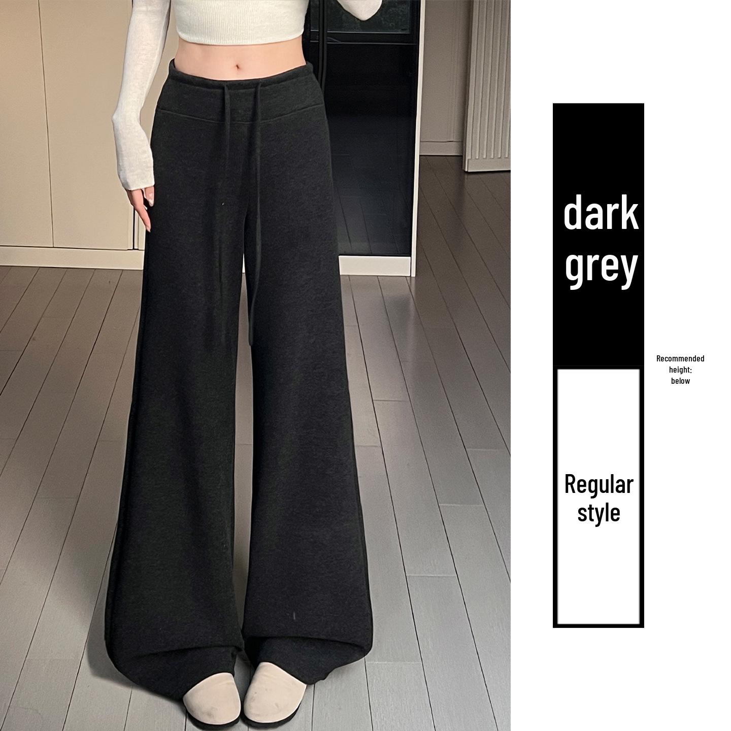 Black-Gray High-Waisted Fleece-Lined Women s Sweatpants, New Autumn/Winter Style, Thickened, Narrow Fit, Wide Leg, Petite-Friendly. M