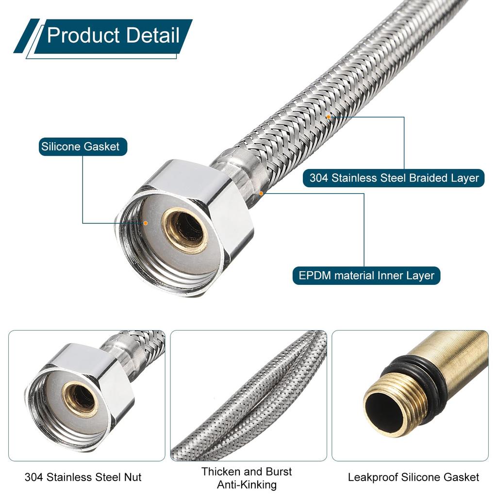 uxcell 2pcs Faucet Water Supply Line Connector Stainless Steel Braided Long Faucet Connector Female Compression Thread X M10 Male Connector for