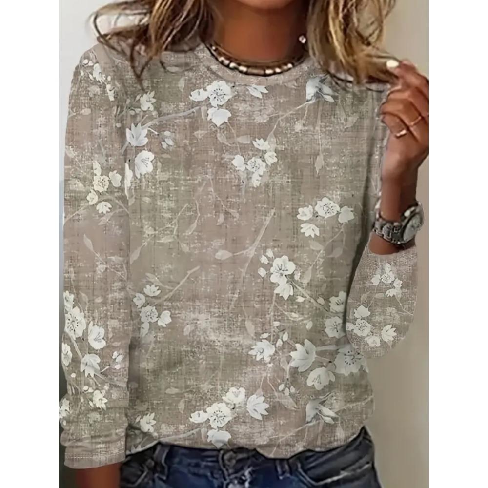 Women Long Sleeved Round Neck Pullover T-shirt Top with Elegant and Fashionable Floral Print Casual Style T-shirt for Women