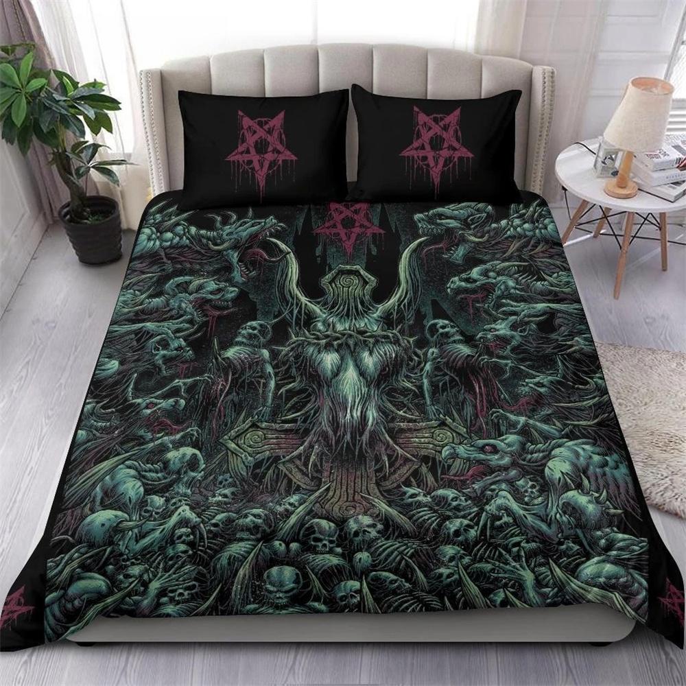 Skull Skeleton Satanic Goat Skull Duvet Cover Set Trophy Demon Breed Bedding Sets Night Blue Pink Satanic Baphomet Quilt Cover