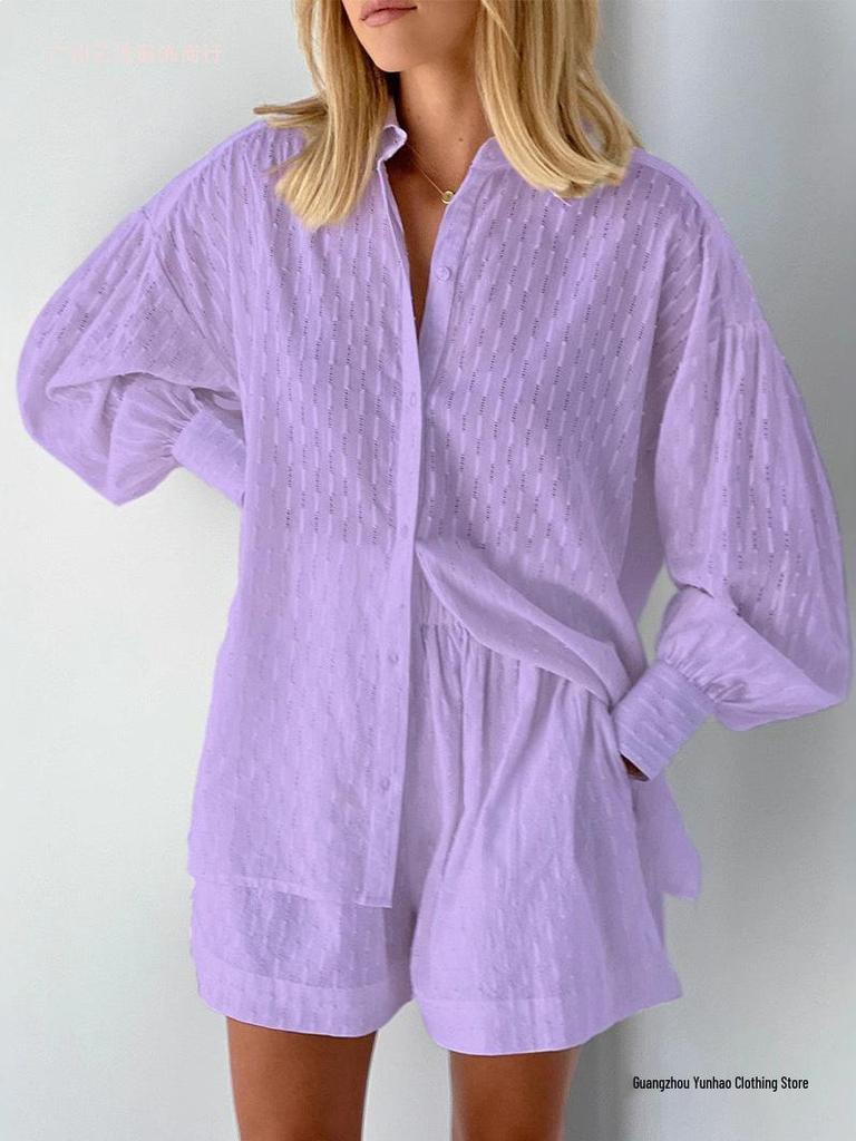 2026 Autumn Women's European-American Style Jacquard Puff Sleeve Shirt and Shorts Casual Set