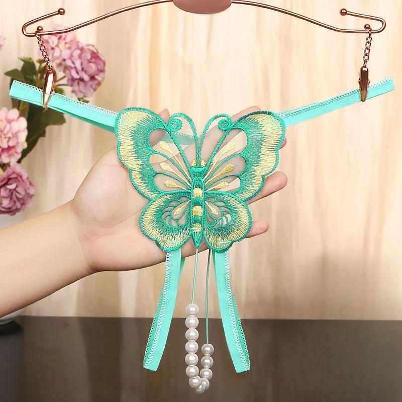 Women Sexy String Butterfly Embroidery Briefs Ultra-Thin Lace Underwear See-Through Low Rise T-Back Open Crotch Underpants