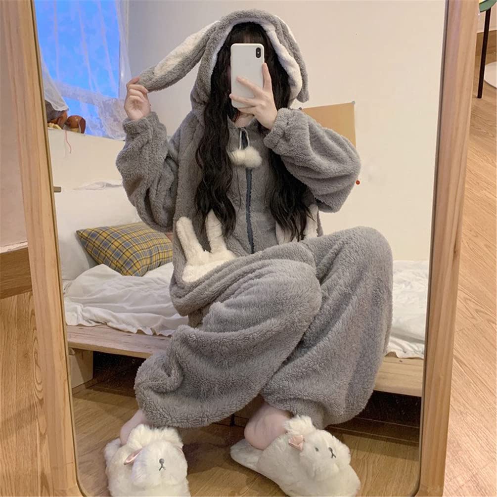 ZHENGTU Women's Cute All-in-One Hooded Pajamas with Rabbit Ears, Warm and Comfortable for Fall and Winter, Casual and Casual Wear (Gray, Size L)