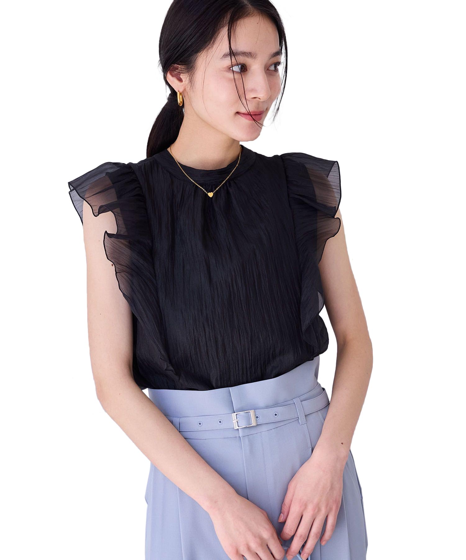 

Shiny Bowtie Frill a gorgeous summer and back Black [BIS] Women s Blouse, staple. [Front 2-way] [Washable] (01)