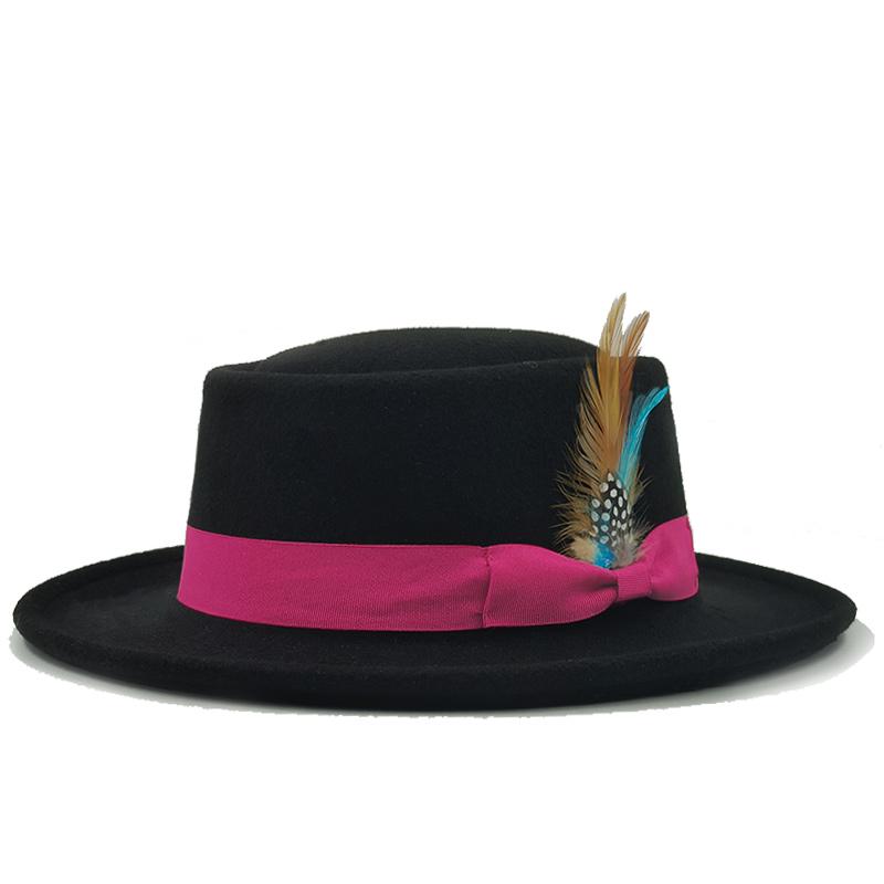 Vintage Pork Pie Hat Men feather fedora hat Webbing Decorative flip-brim Felt hats Panama Gentlemen women Church Jazz Hat