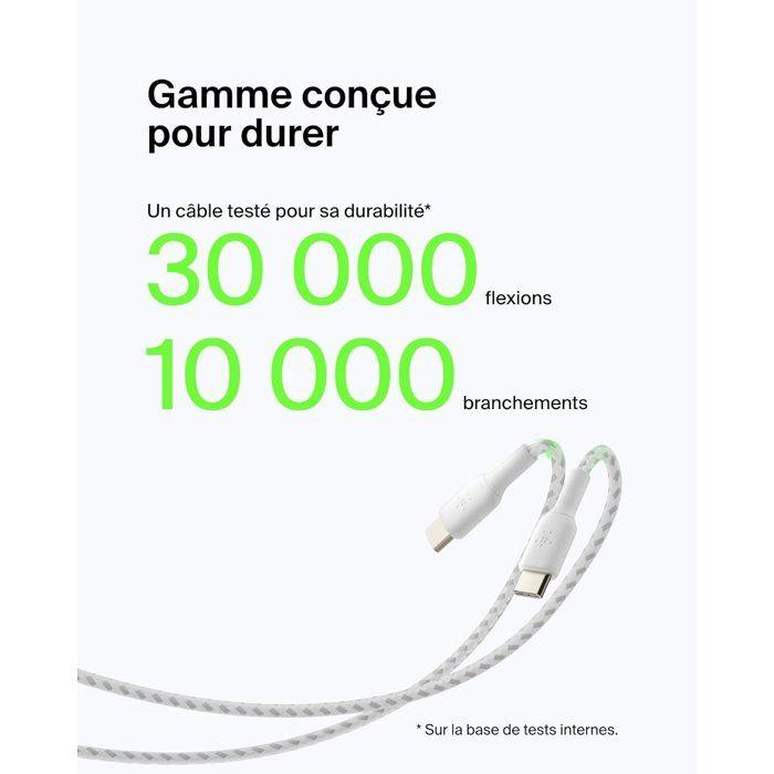 Câble tressé - BELKIN - USB-C vers USB-A - 0,15 m - Blanc