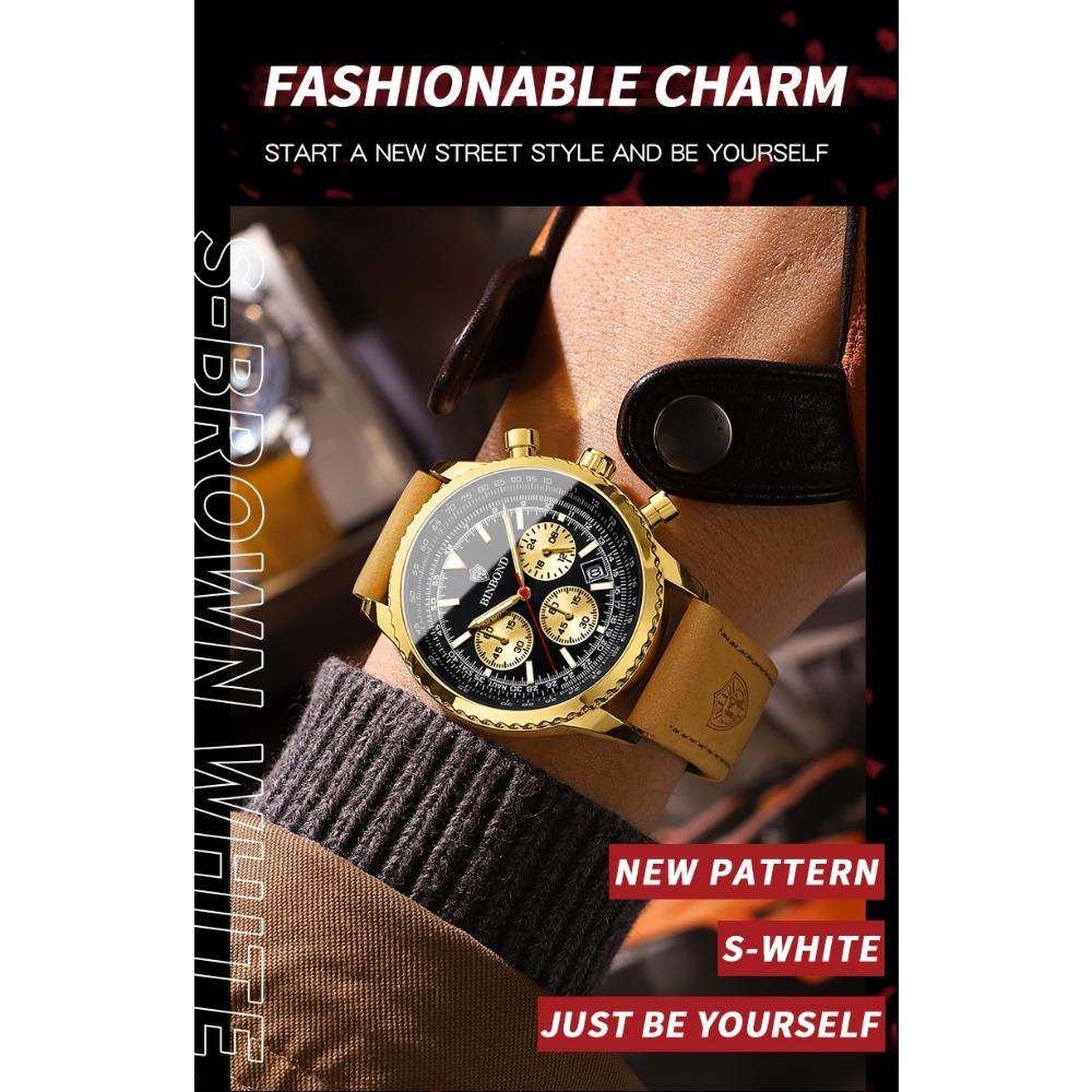 BINBOND Top Brand Man Quartz Watch Waterproof Luminous Date Chronograph Leather Wristwatch Military Sports Luxury Men's Watches