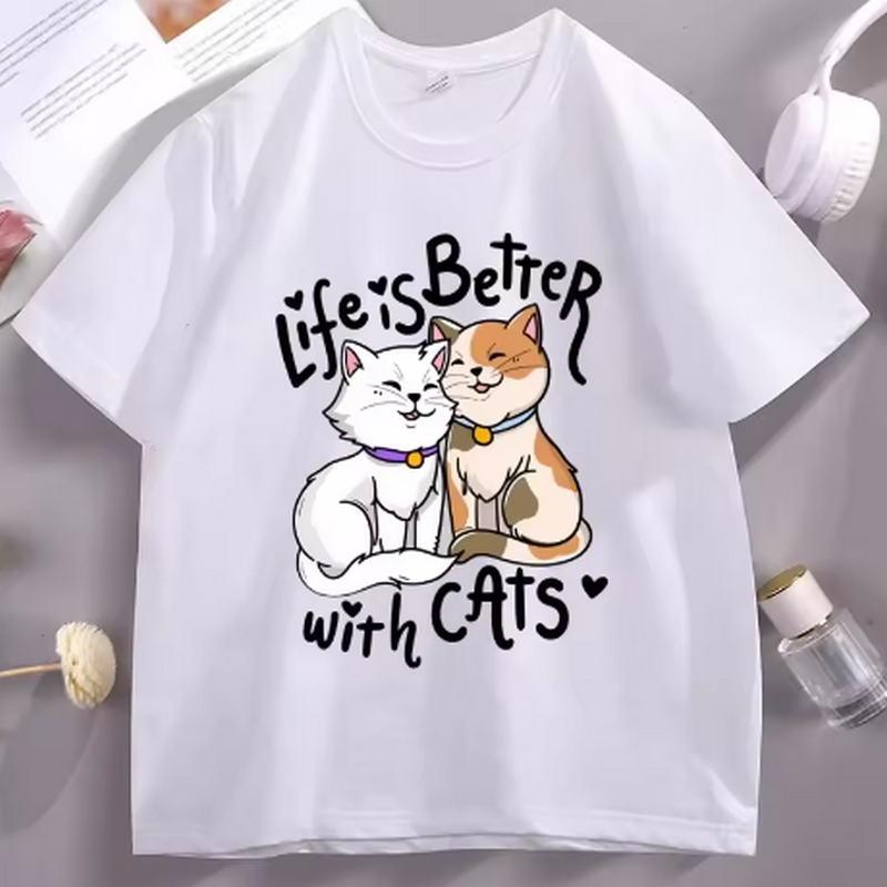 Life Is Better with Cats Graphic T Shirts Funny Valentines Day Cotton Short Sleeve Round Neck Tshirts Streetwear Loose Tops