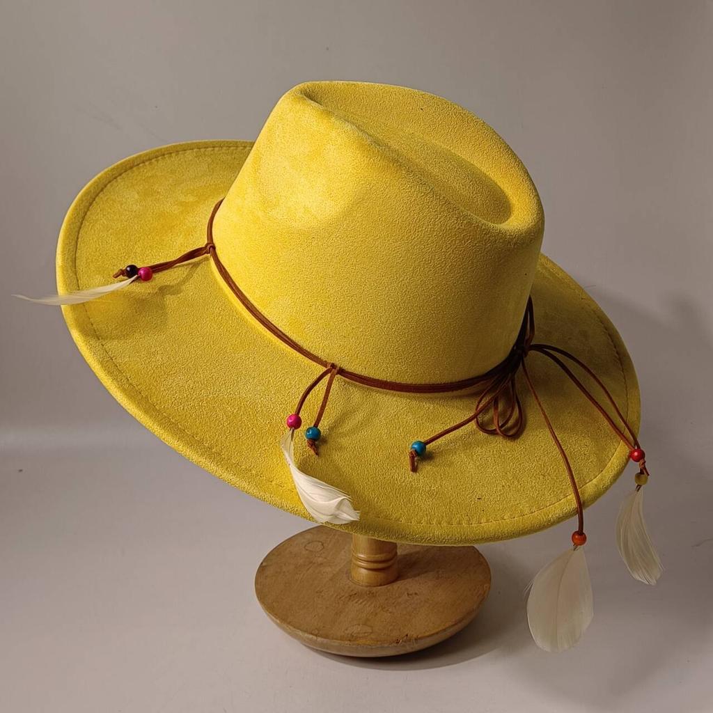 2026Bohemian style suede hat, brim 9.5 cm fedora with feather accessories, classic church hat, wide brim hat, women's hat