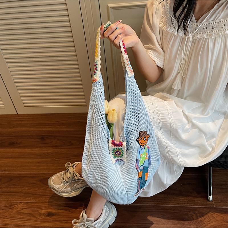 Carto Figure Hollow Mesh Knit Shoulder Bag,Beach Vacati Slouchy Chic Tote Bag,Lightweight Laid-Back Casual Women Handbag