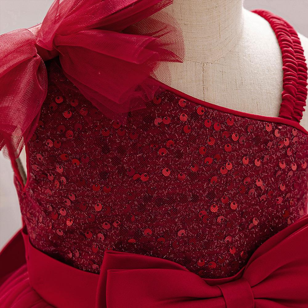 Girls' Sequin Princess Dress with Bow and Single Shoulder Strap - Puff Mesh Skirt for First Birthday