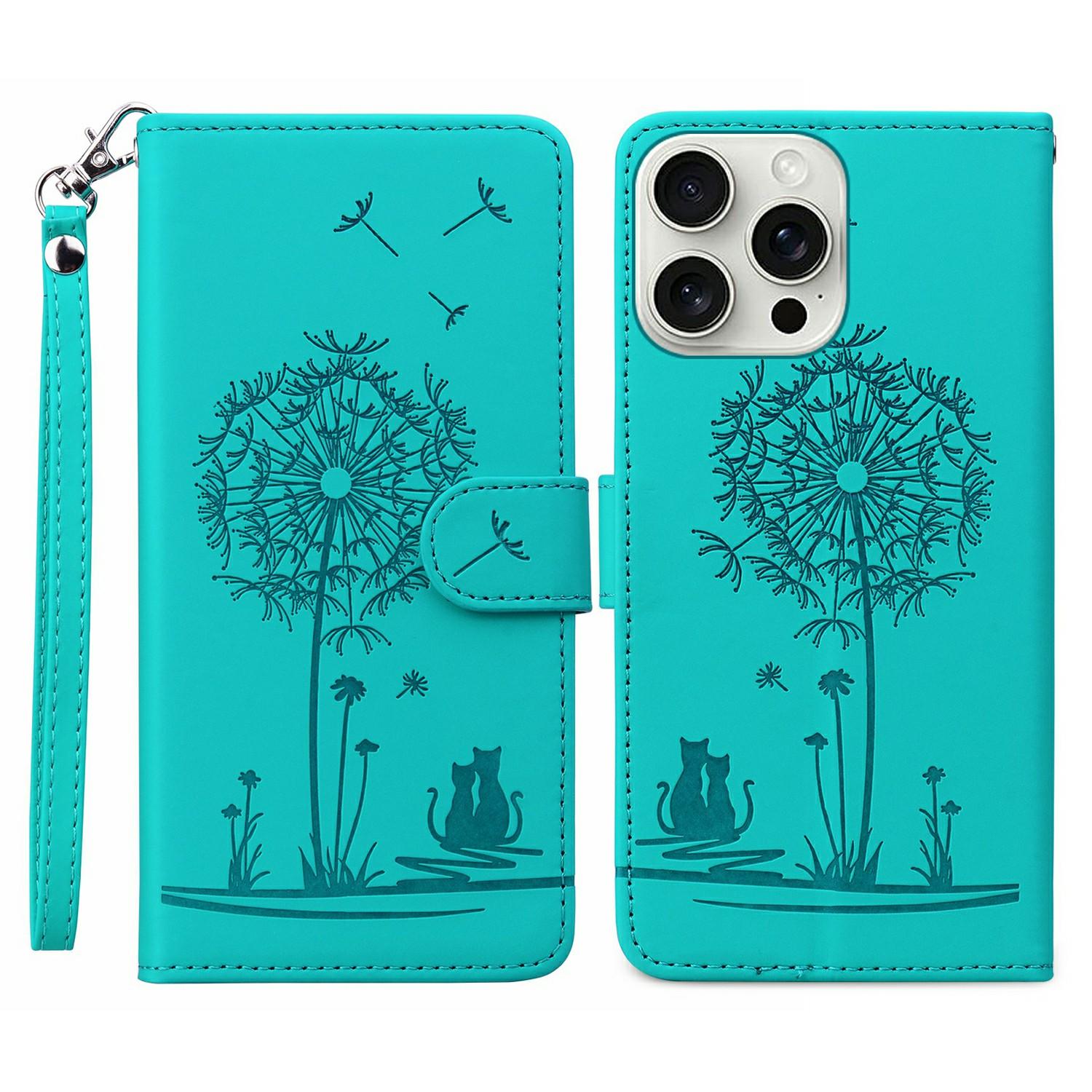 

For iPhone 16 Pro Max Case Cat Dandelion Imprint PU Leather Wallet Phone Cover with Strap Blue