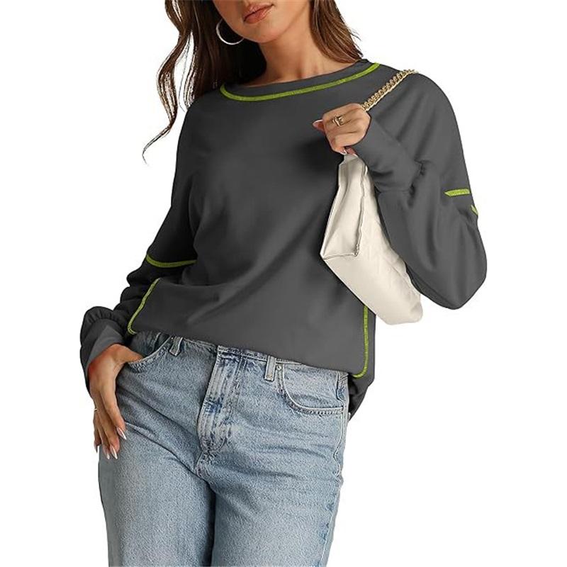 Europäischer und amerikanischer Stil Damen Lässiger lockerer Pullover Neuer lockerer Rundhals Farbblock Langarm-Oberteil