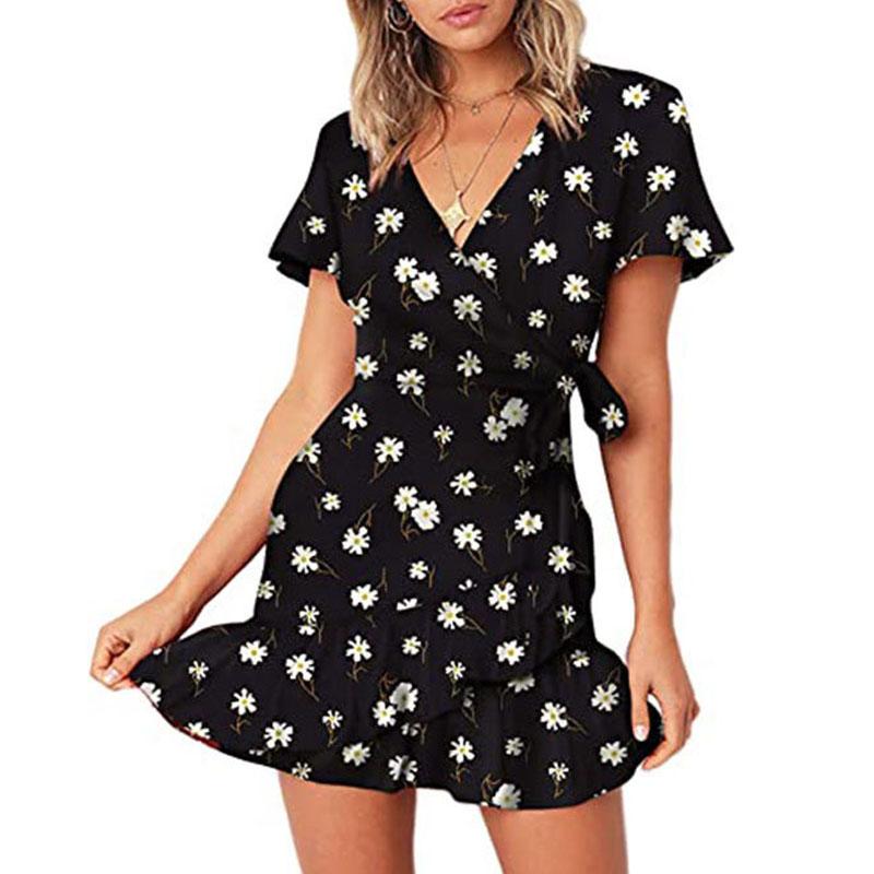 Summer V-neck Printed Short-sleeved Skirt, Lace-up Ruffled Dress, Fashionable, Sexy, Elegant and Generous Ladies Long Skirt