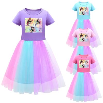 Kids Girls Hunters Rumi Mira Zoey Stage Print Mesh Rainbow Round Neck Short Sleeves Casual Cotton Dress