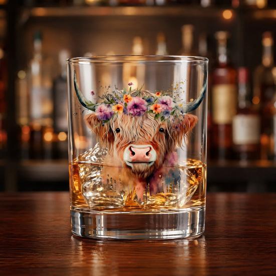 Bicchiere in Vetro Mucca delle Highlands, Bicchiere Termico Acquerello Floreale Dipinto a Mano, Tazza Trasparente per Latte Caffè Whiskey, Regalo per Amanti degli Animali
