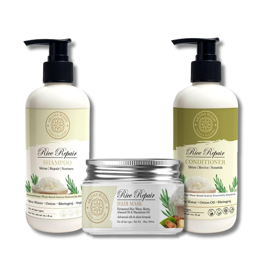 Aromablush Rice Repair Trio Combo | Shampoo, Conditioner & Hair Mask | Fermented Rice Water, Keratin, Coconut Milk, Argan Oil | Deep Repair | Anti-F