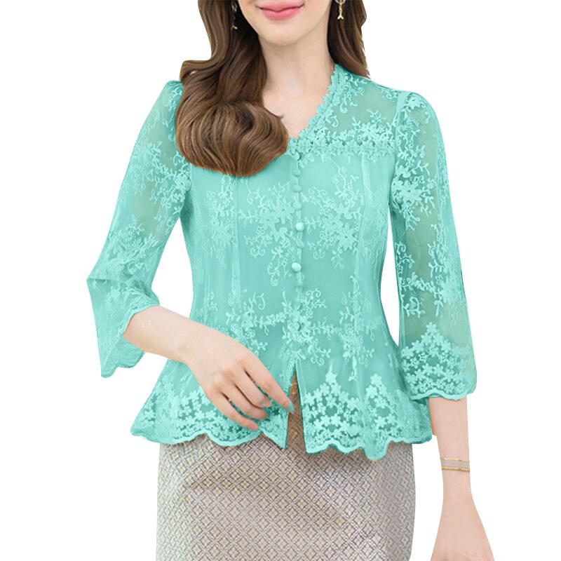 

ZANZEA Женская повседневная блузка с V-образным вырезом, рукавом 3/4, ажурной вставкой и кружевом 4XL