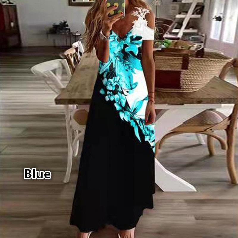Women's Fashion Summer Print V-Neck Off Shoulder Short Sleeve Splicing Lace Dress