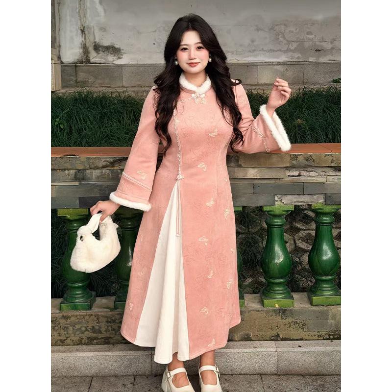 8 New Chinese Pink Dresses for Women's Winter New Velvet Dresses, National Style Retro Large-size Cheongsam