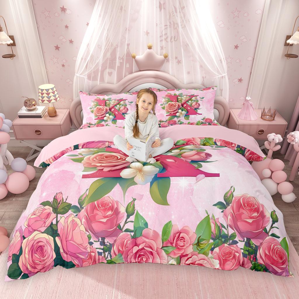 Homewish Girly Cute Pink Duvet Cover Set For Kids Girls Initial Letter A To T Bed Set Chic Floral Flower Quilt Cover Set