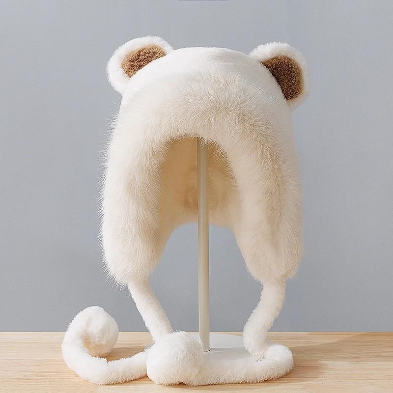 Шапка женская зимняя милая с ушками медвежонка плюшевая теплая утолщенная с защитой ушей плюшевая ветрозащитная с помпоном