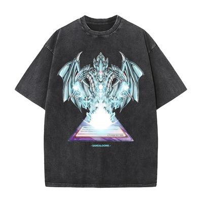 Koszulka Anime Biały Smok Niebieskooki Washed Y2k T Shirt Odzież Męska Letnia Krótki Rękaw Luźne Koszulki Top