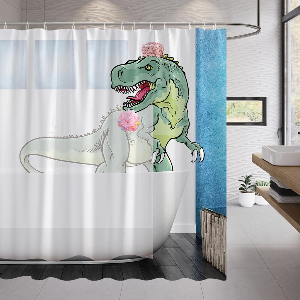 Cartoon Dinosaur Shower Curtain Fabric Hooks Children's Room Decoration Cloth Toilet Bath Curtain Home Background Wall Covering