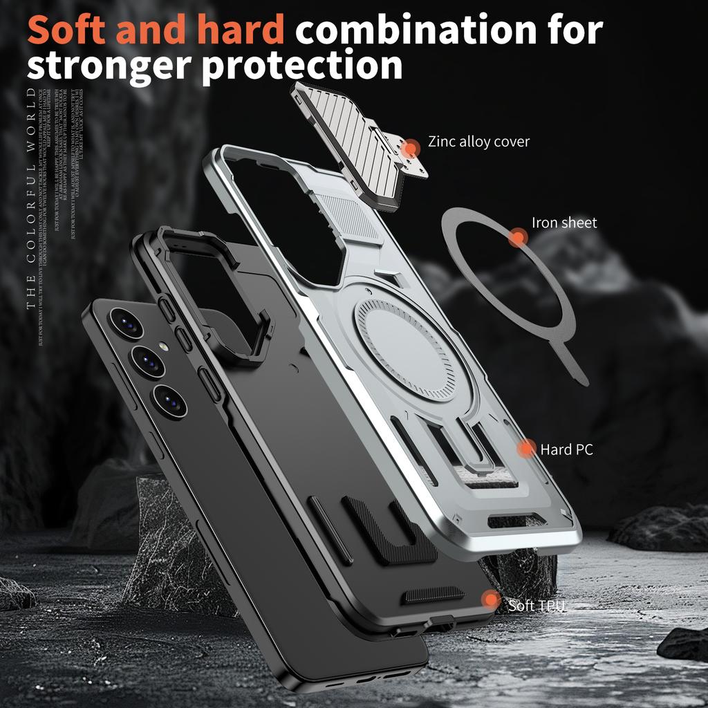 For Samsung Galaxy S25+/S24+ Case Compatible with MagSafe Lens Lid Kickstand PC+TPU Back Cover