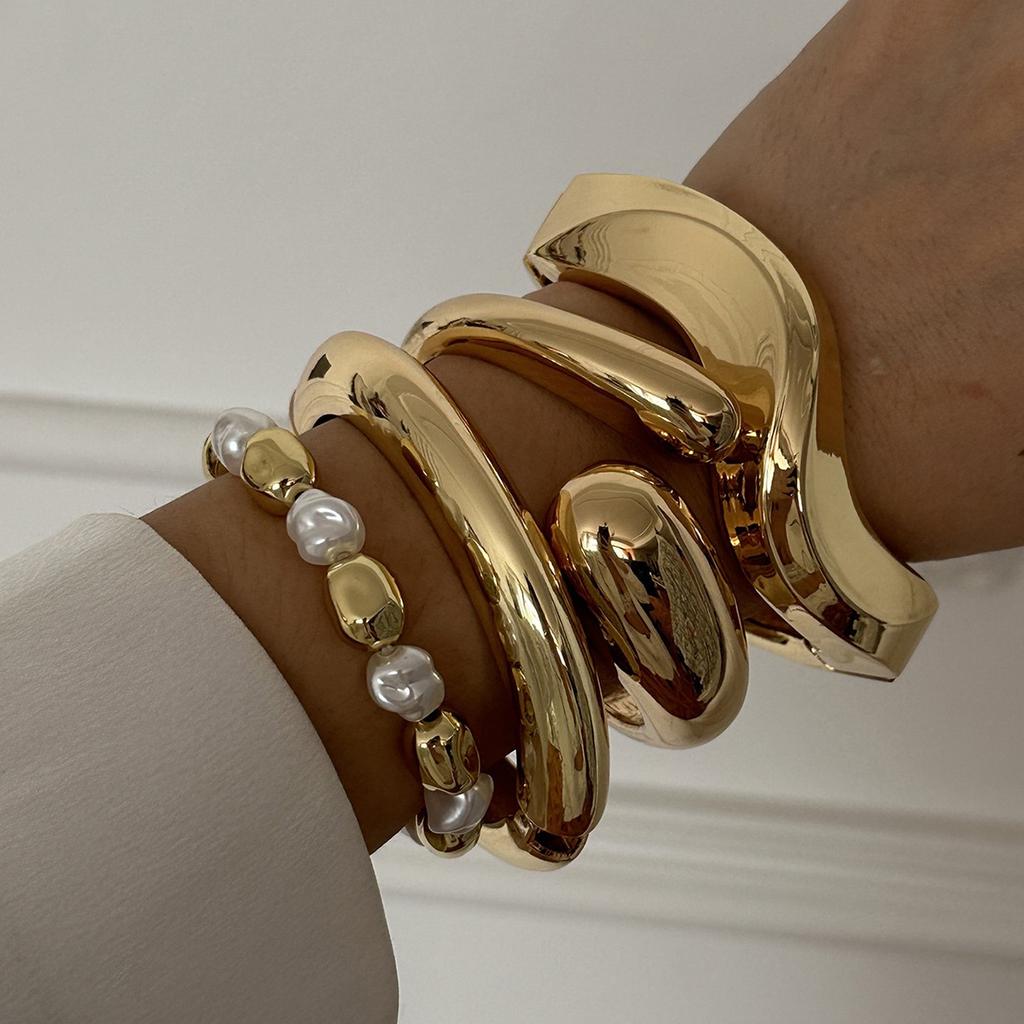 Vintage Hip Hop Metall Glatt Unregelmäßig Federarmband für Damen Übertrieben Geometrisch Klobig Breit Manschettenarmreif Punk Schmuck Geschenk