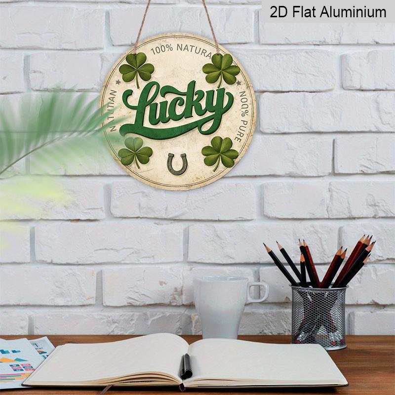 2D Flat - 1pc Round Sign, Vintage Aluminum Plaque with "Lucky Four Leaf Clover Horseshoe", "Lucky Charm Good Luck Blessing" Decorative Sign, Suitable