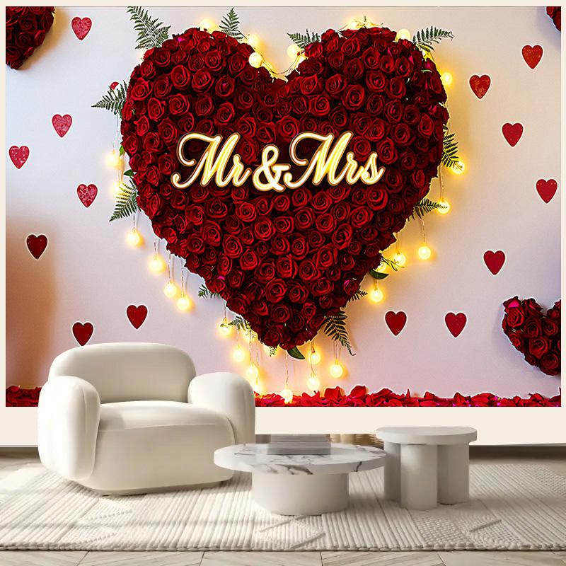 Mr & Mrs Wedding Backdrop with Red Rose Heart Design,Photo Background,Wall Decor,Party Supplies,Anniversary Backdrop,Reusable Wedding Decor