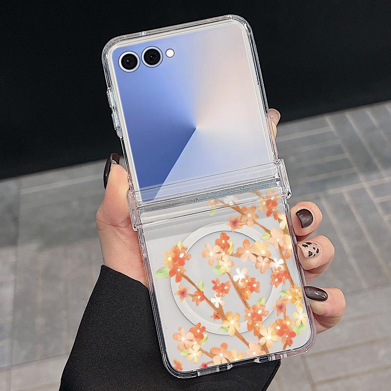 Magnetic Phone Case For Samsung Galaxy Z Flip 7 FE 7 6 5 4 Flip7 Flip6 Flip5 For Magsafe Artistic Flower Painting Clear PC Cover