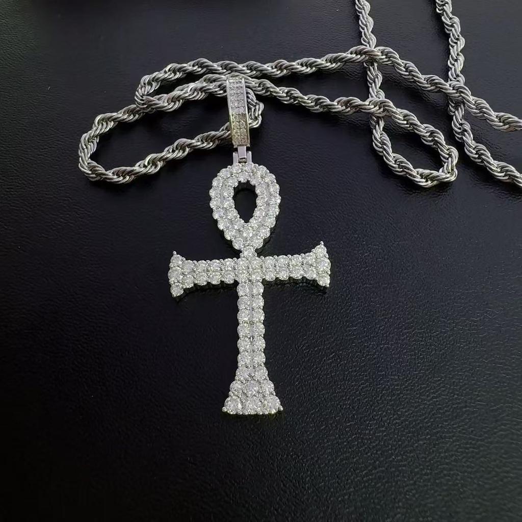 Egyptian Ankh Cross Pendant Necklace Iced Out Moissanite Hip Hop Copper Jewelry For Men Women