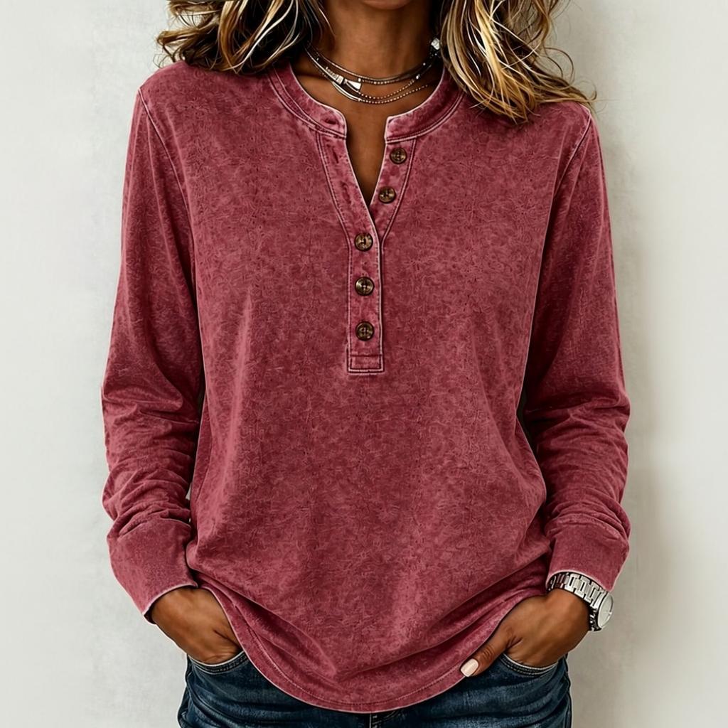 Camicia da Donna Retro a Maniche Lunghe Scollo a V Bottoni Vestibilità Larga Usurata Top