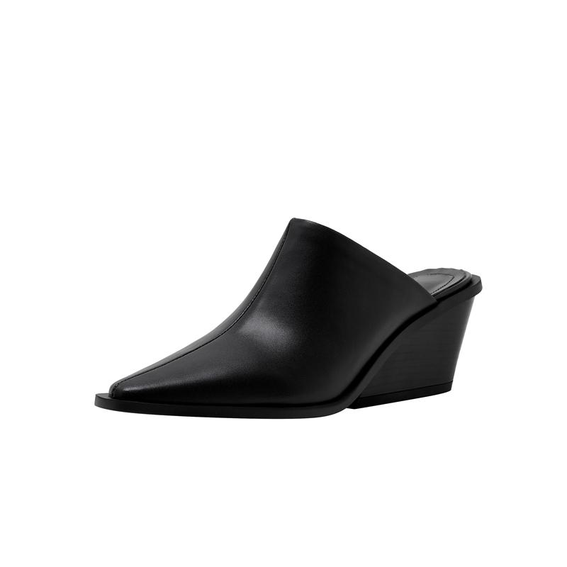 Kaky's New Cow Pasted Leather Pointed Wedge Heels High Heels Women's Shoes Large Slippers Wrapped Half Slippers Sheepskin Footpa