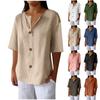 Summer Loose T-shirt Women's V-neck Cotton and Linen Button Top