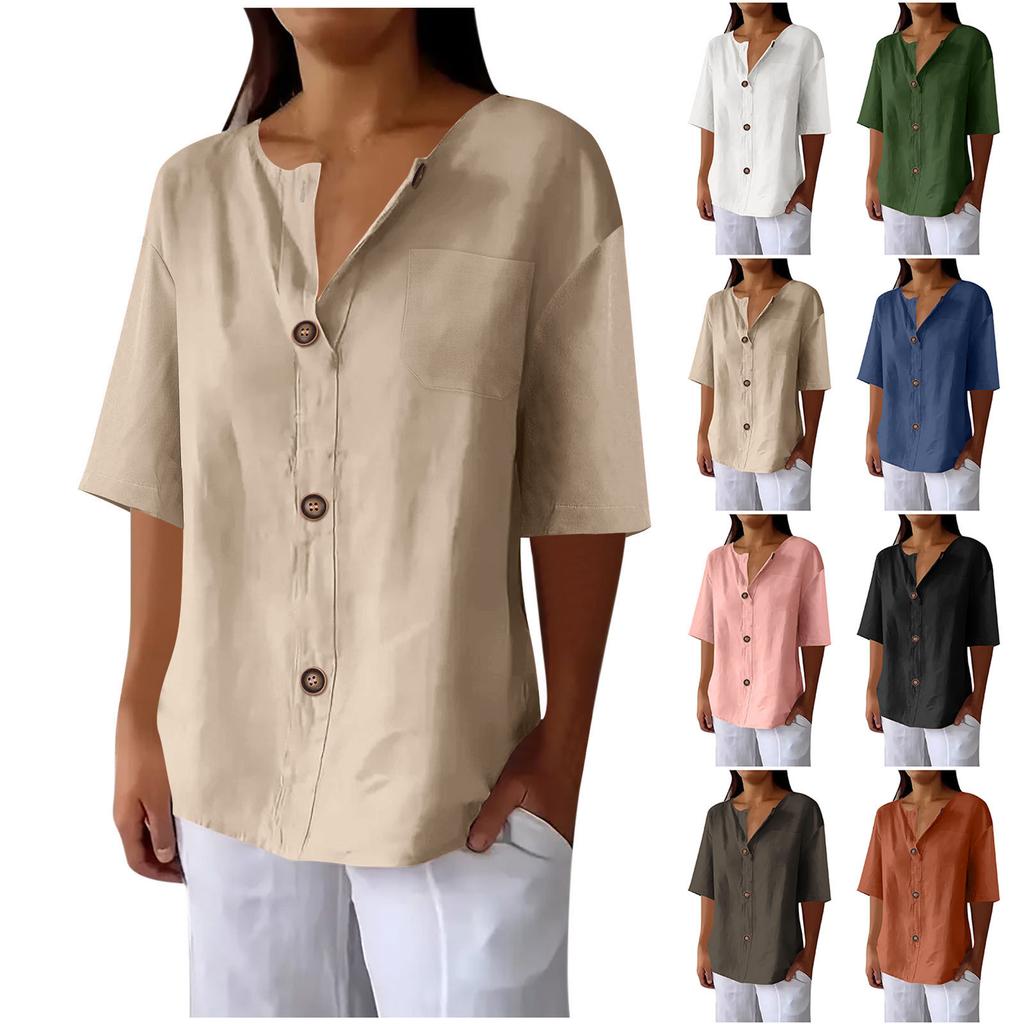 Summer Loose T-shirt Women's V-neck Cotton and Linen Button Top
