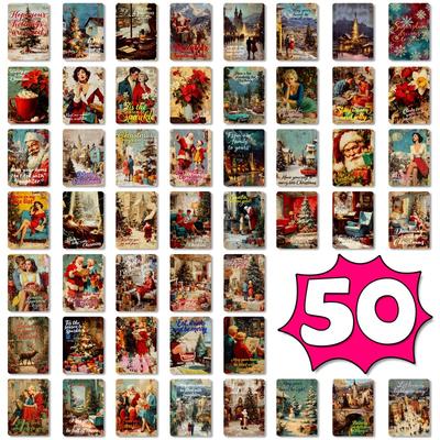 50-PCS Vintage Style Illustrated Christmas Cards with Typography Design, Creative Art Greeting Cards for Holiday Wishes