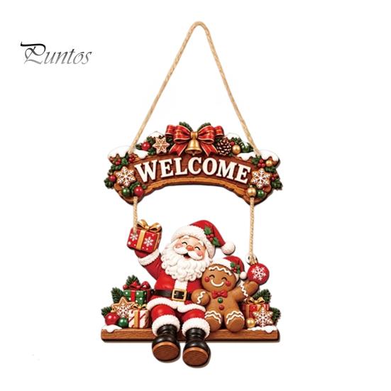 Cute Cartoon Christmas Ornament Wooden Welcome Sign, Front Door Hanging Rustic Holiday Vintage Style Sign Wall Decor with Elk/Santa Claus/Snowman/Elf