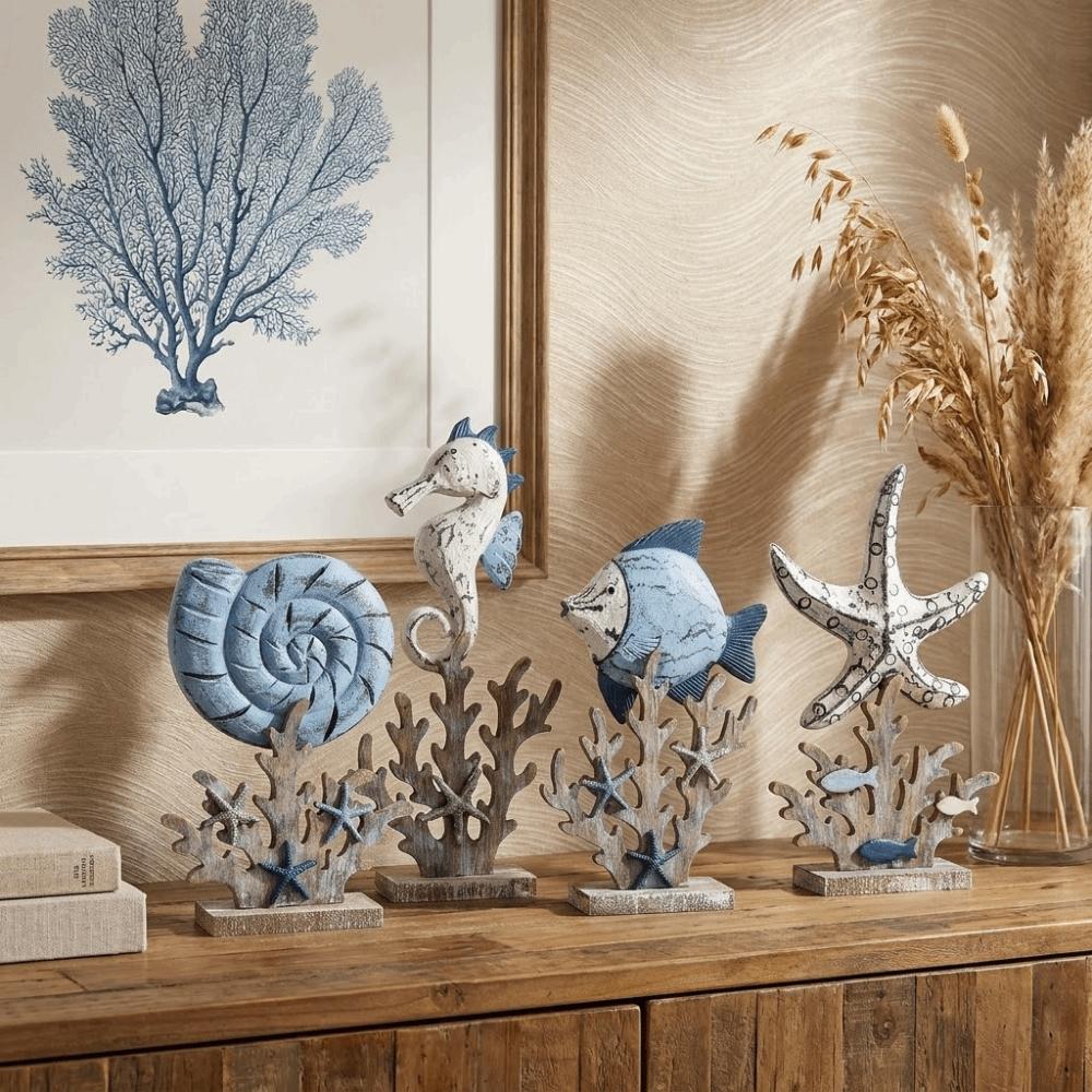 Vintage Wooden Ocean Animal Statue Handmade Coral Ornaments Unique Seahorse Figurine Living Room