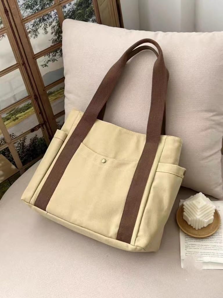 Tote Bag A4 Zippered Campus Plain Cotton Canvas Shoulder Bag Handbag Multiple Storage Pockets [RS SHOP] Women's Men's (Khaki)