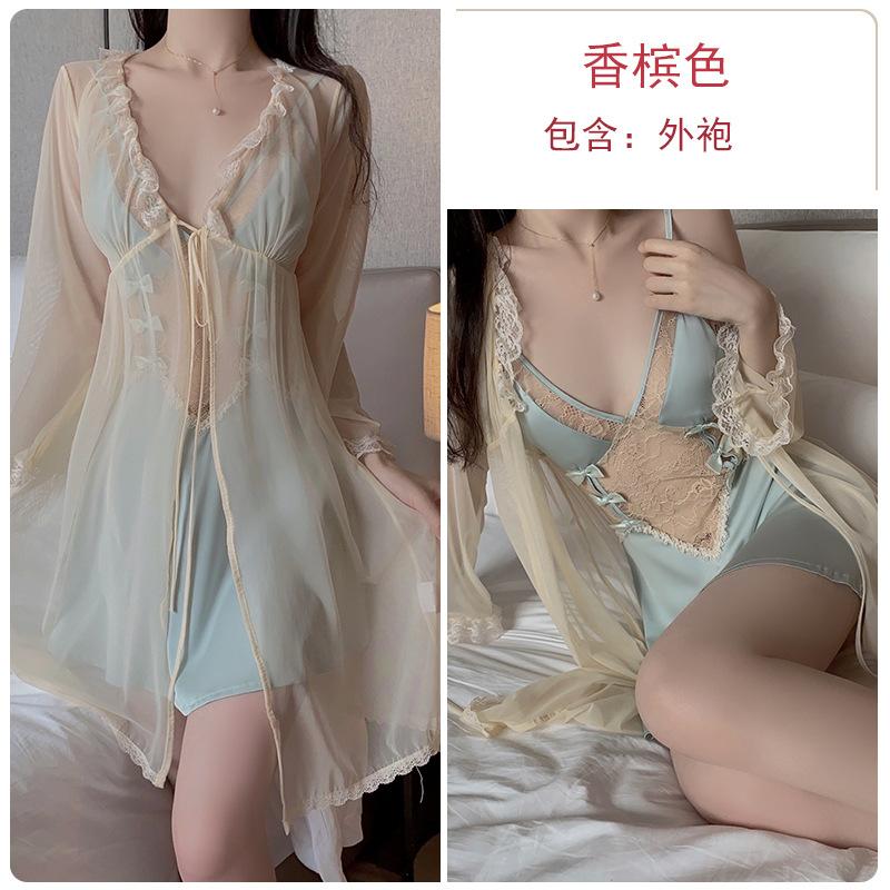 Women's Lace Sheer Deep V Push Up Padded Sleep Dress with Robe Lounge Set
