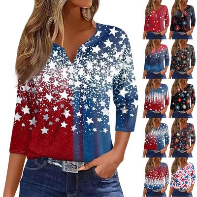 Women's T Shirt Tee Independence Day Printed Button 3/4 Sleeve Tunic Daily Weekend Fashion Basic V- Neck Regular Top