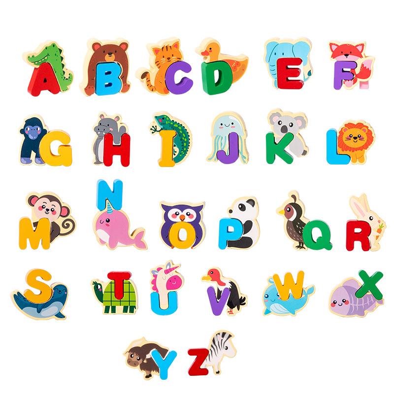 Wooden Children'S Cartoon Animals 26 Letter Capital Words Cognition Early Education Puzzle Toys