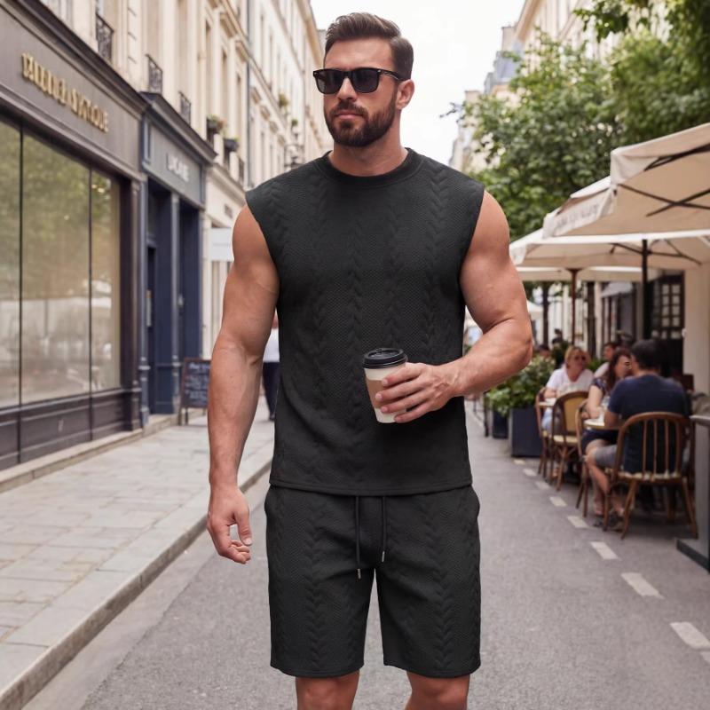 Mens Textured Sleeveless Top And Drawstring Shorts Two Piece Set