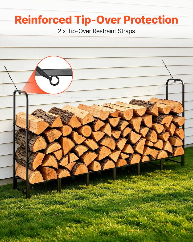 VEVOR Firewood Rack 2415 mm 1/2 Cord Heavy Duty Outdoor Wood Storage Holder, for Fireplace Patio Deck, 500 kg Load Capacity
