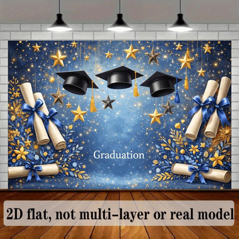 2D flat banner, 1 piece A 2D flat banner featuring a graduation celebration theme, with a blue starry sky background.